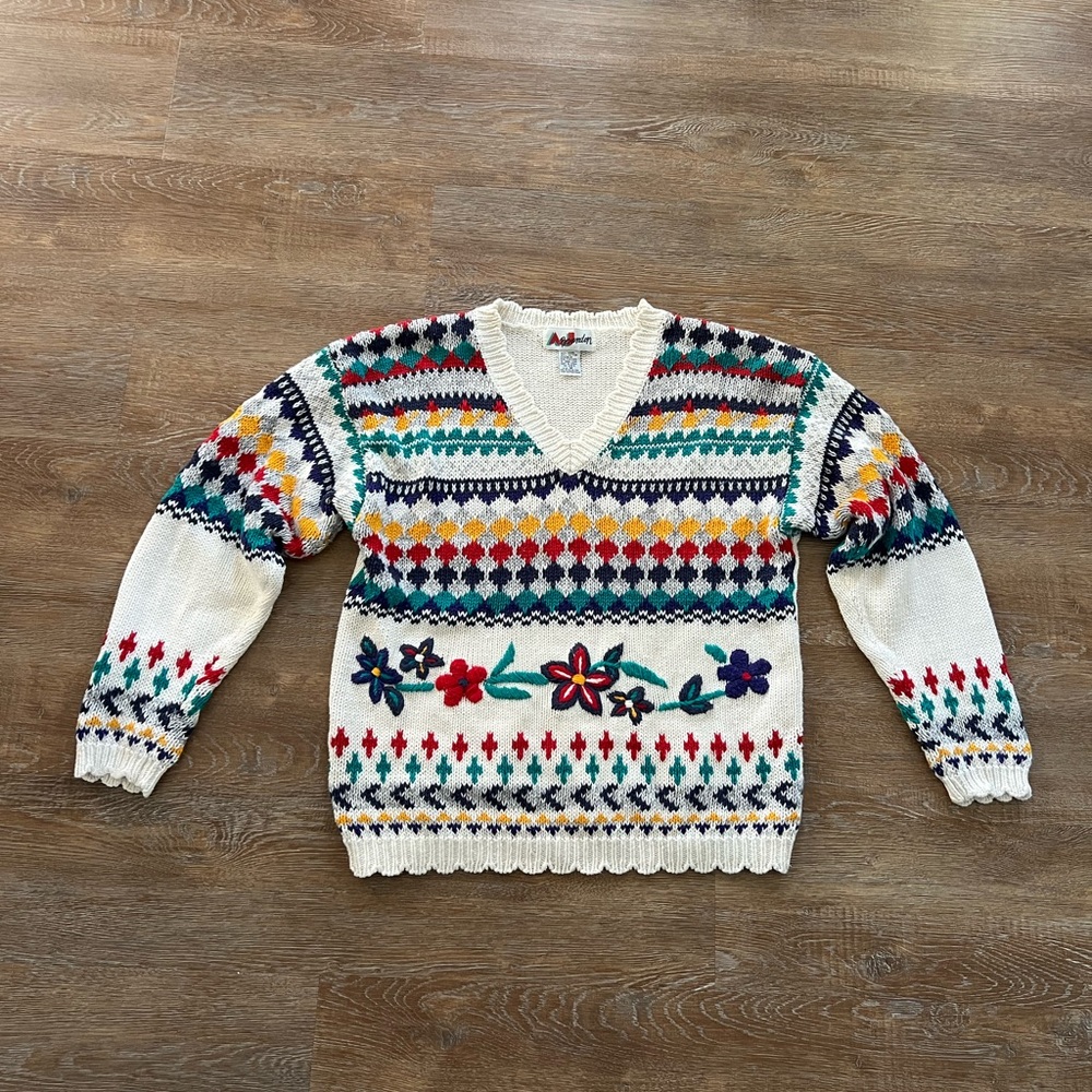 Vintage AJ Brandon Hand Embroidered Fair Isle Sweater | Ramie Cotton | M